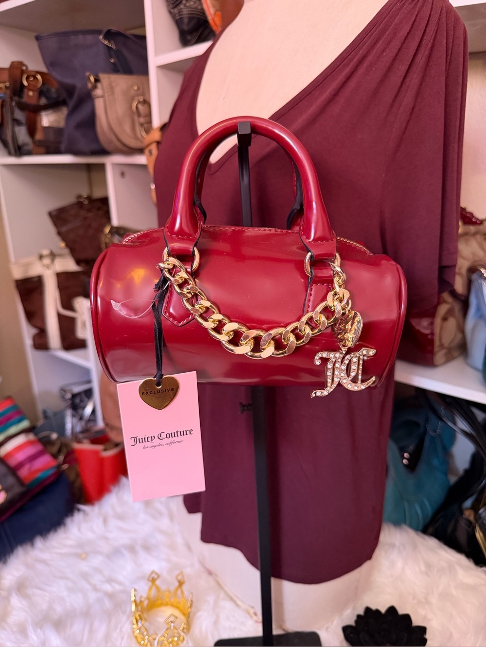 Juicy Couture Red Patent Mini Barrel Bag with Gold Chain and JC Charm